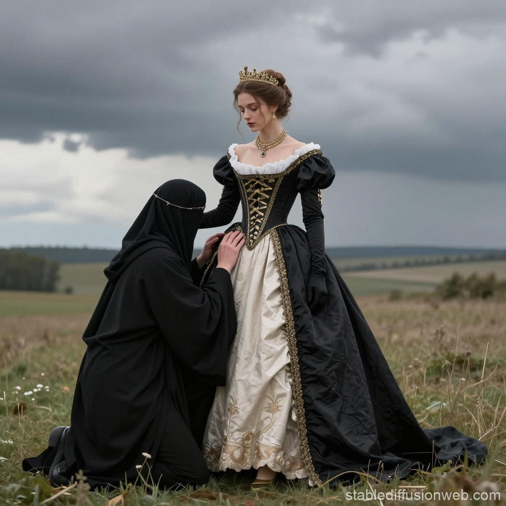 Regal Lady in Black and Gold Corset Gown with Attendant