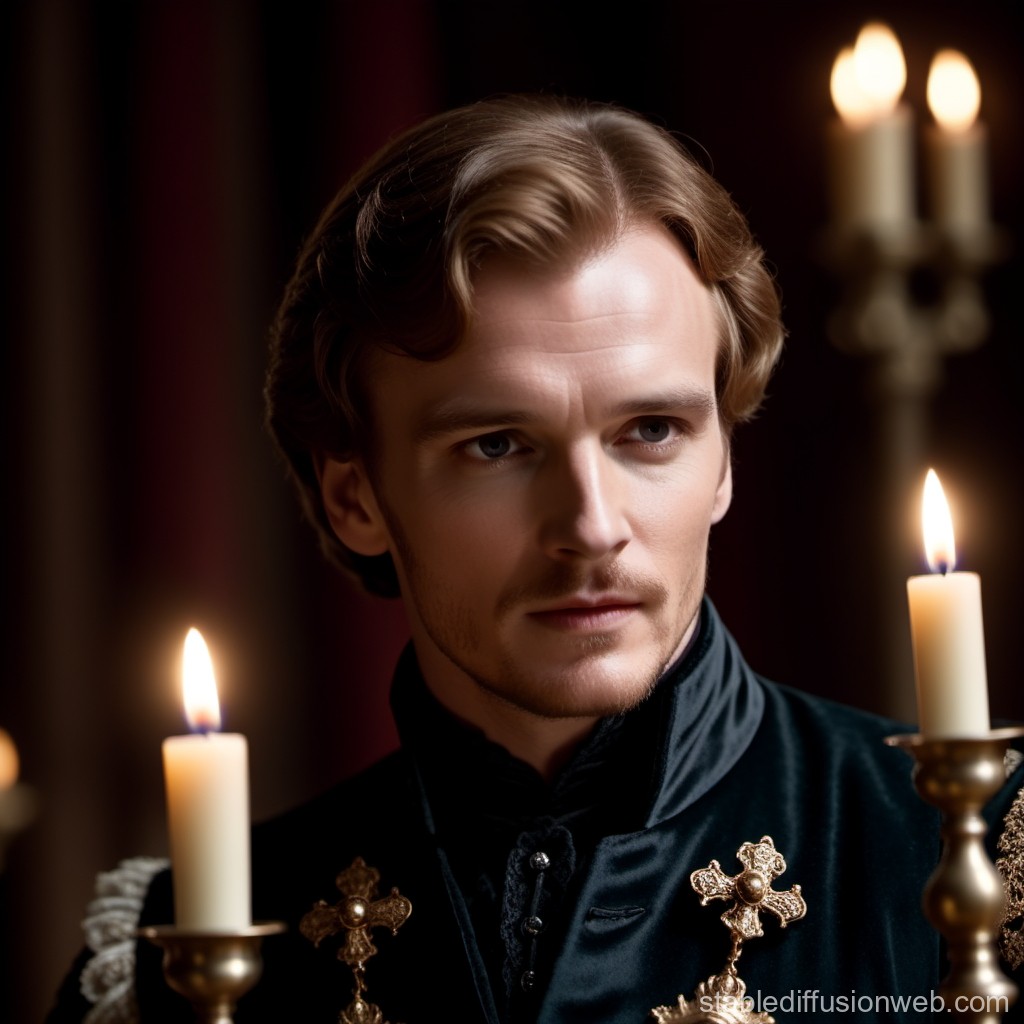 Regal Man in Historical Attire by Candlelight