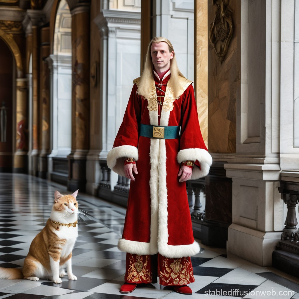 Regal Man in Ornate Red Robe with Majestic Cat in Grand Hall