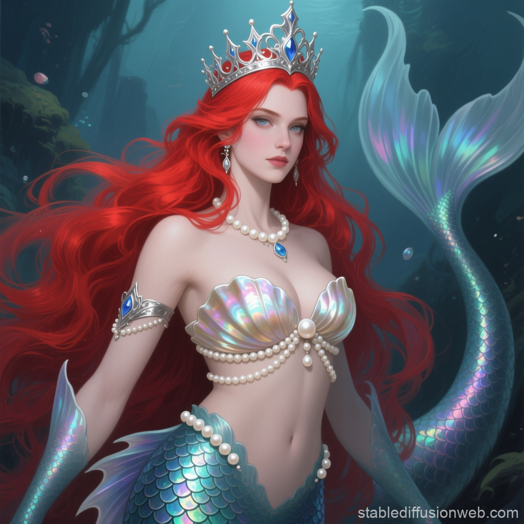 Regal Mermaid Queen with Red Hair and Iridescent Tail