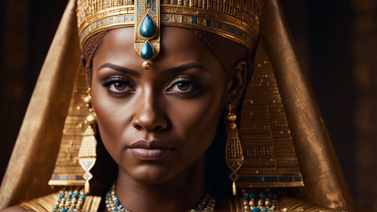 Regal Portrait of Queen Hatshepsut in Ornate Egyptian Headdress