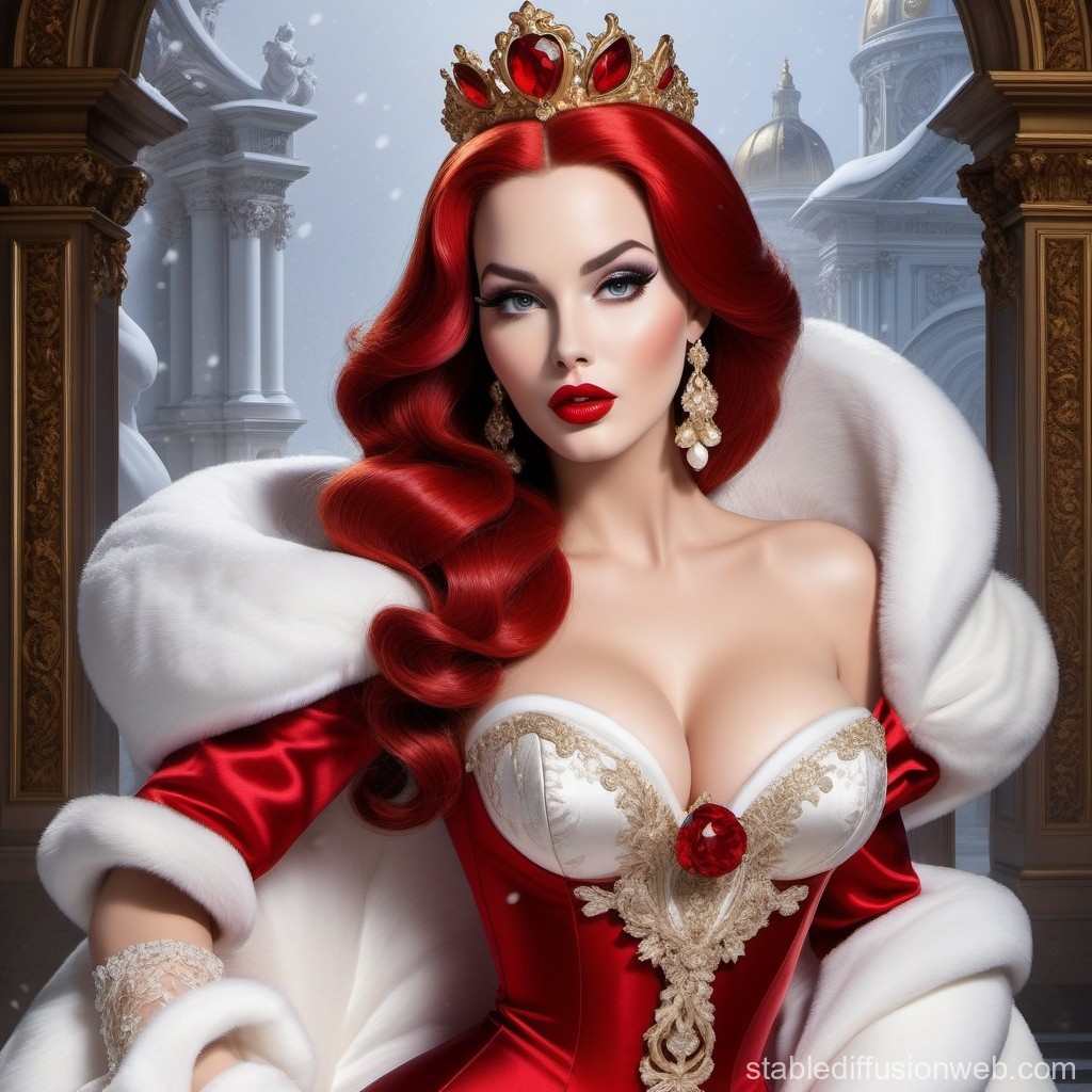 Regal Red-Haired Queen in Luxurious Winter Attire