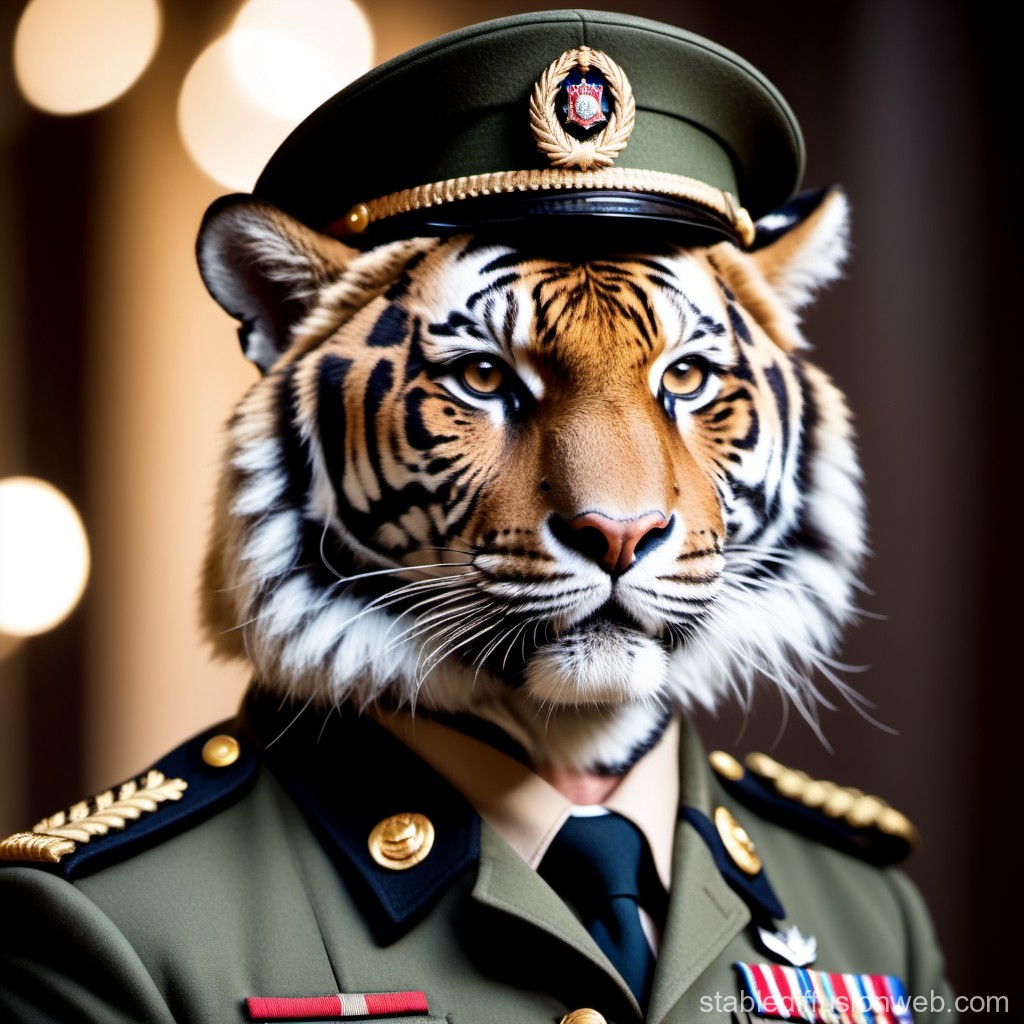 Regal Tiger in Military Uniform Portrait