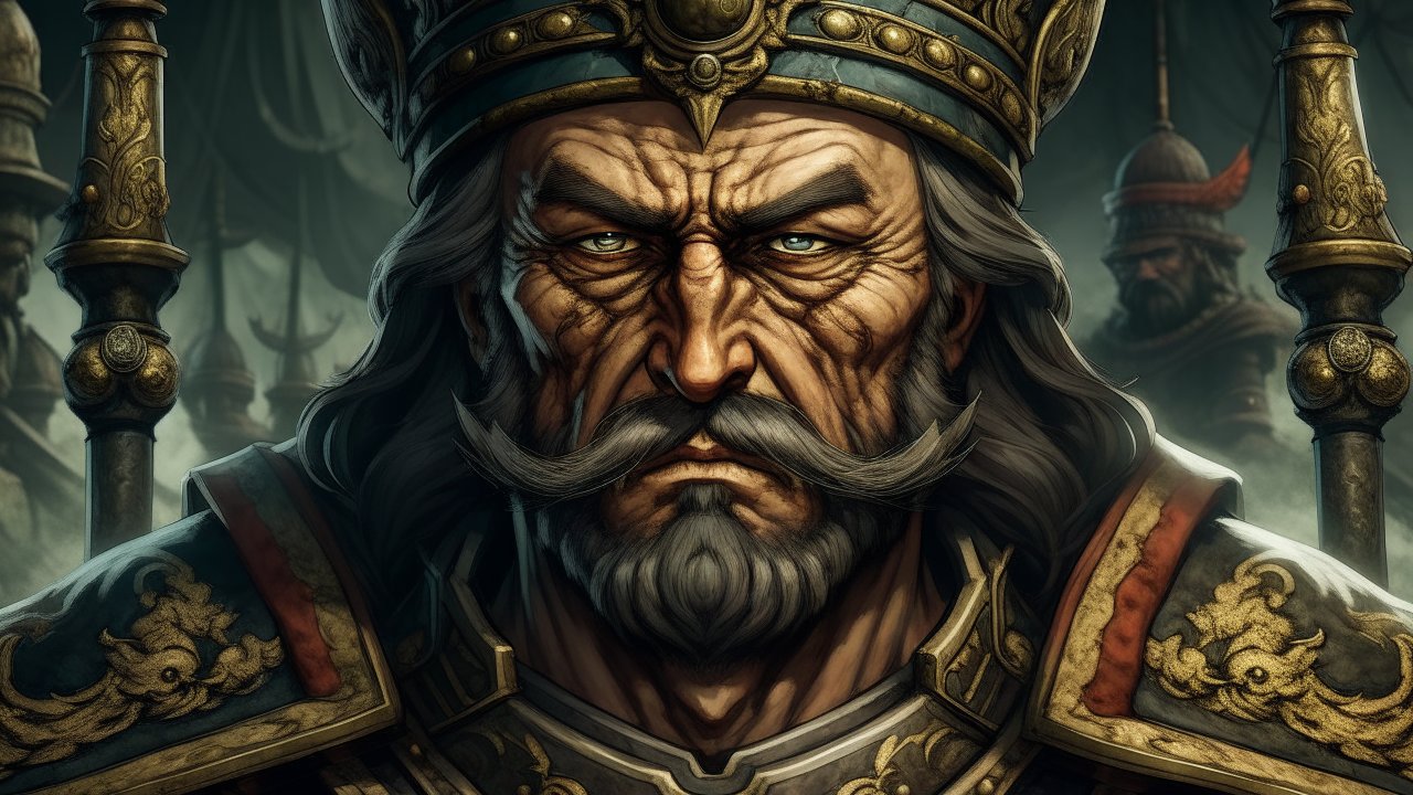 Regal Warrior King with Ornate Armor and Crown