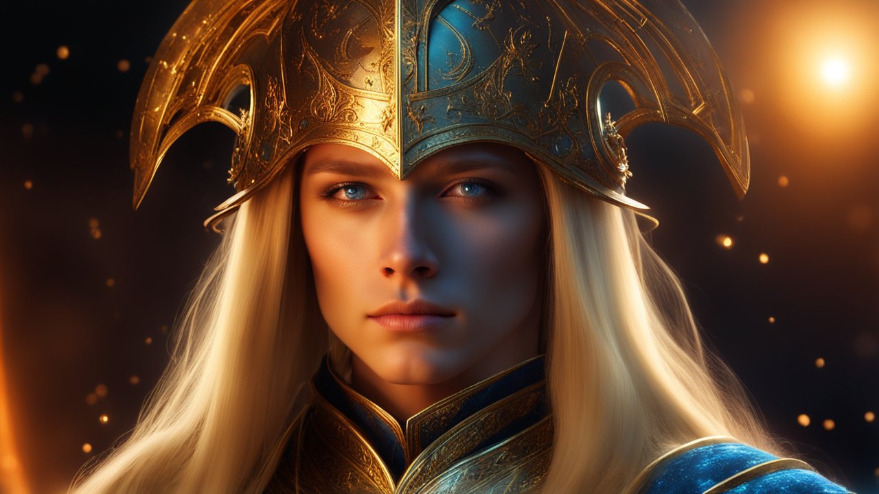 Regal Warrior with Ornate Golden Helmet