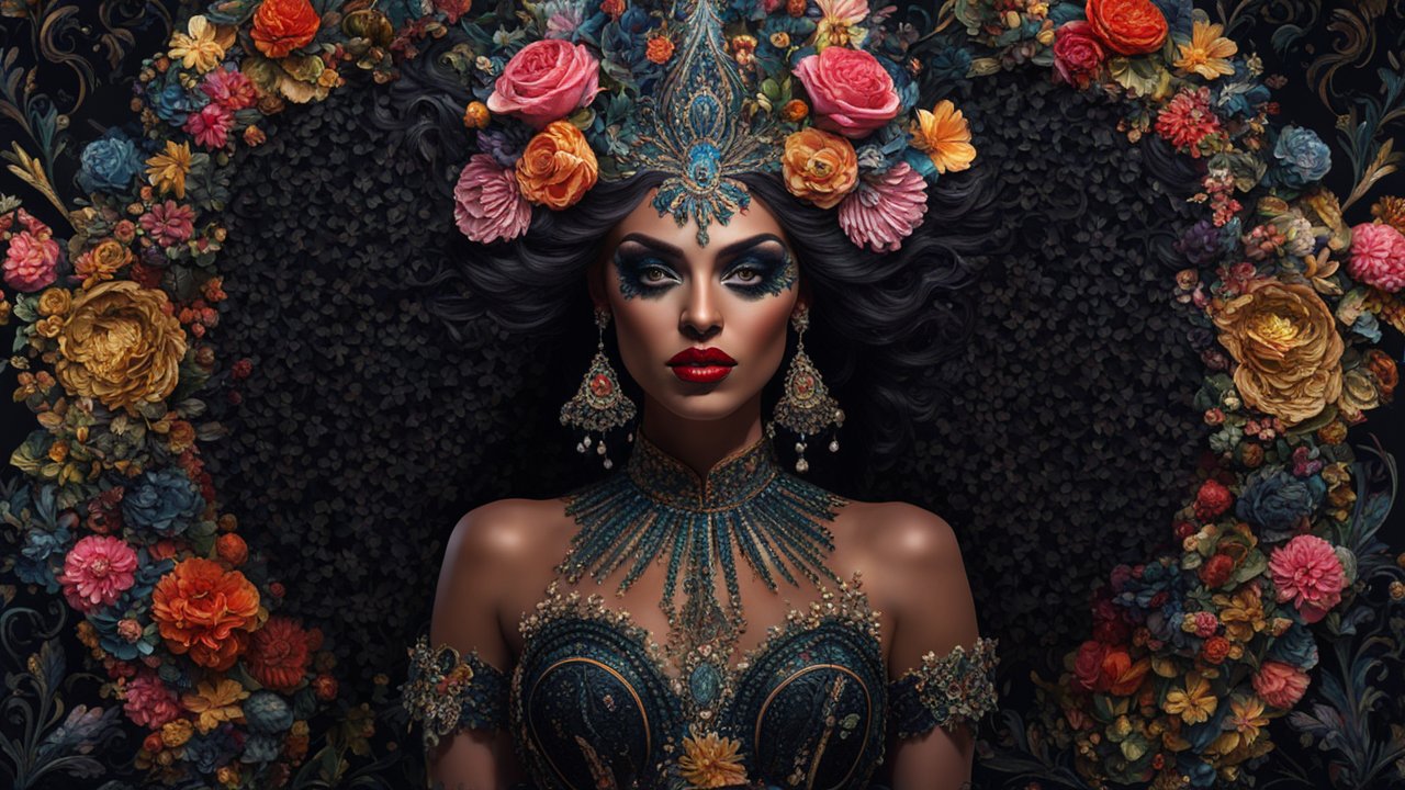 Regal Woman Adorned with Floral Crown and Ornate Jewelry
