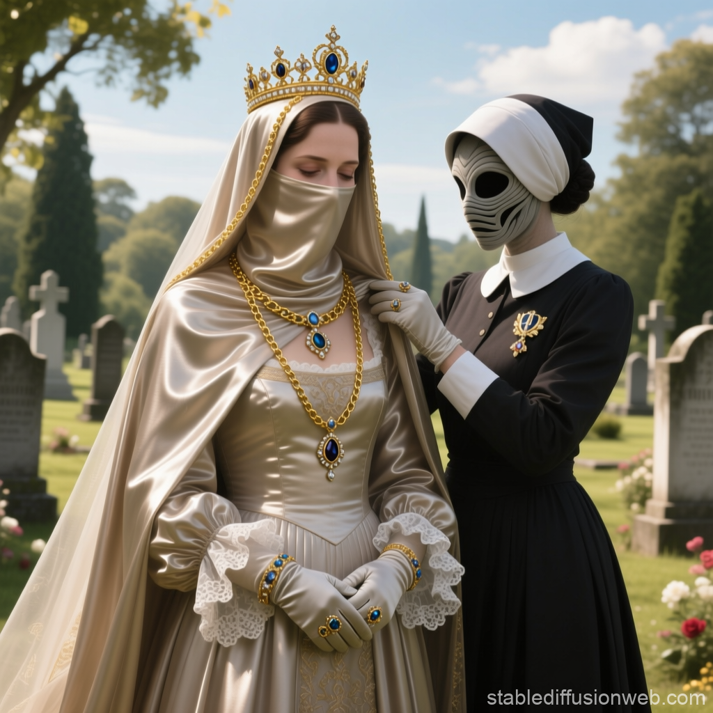 Regal Woman and Mysterious Masked Attendant in a Cemetery