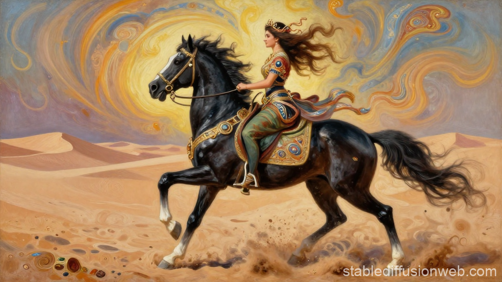 Regal Woman Galloping on Black Horse in Desert