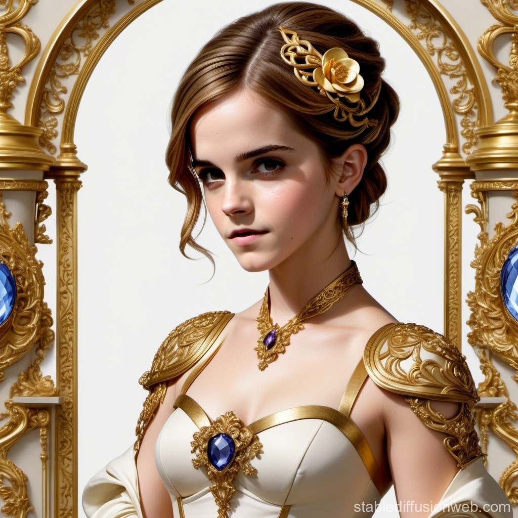 Regal Woman in Ornate Gold and White Attire with Gemstones