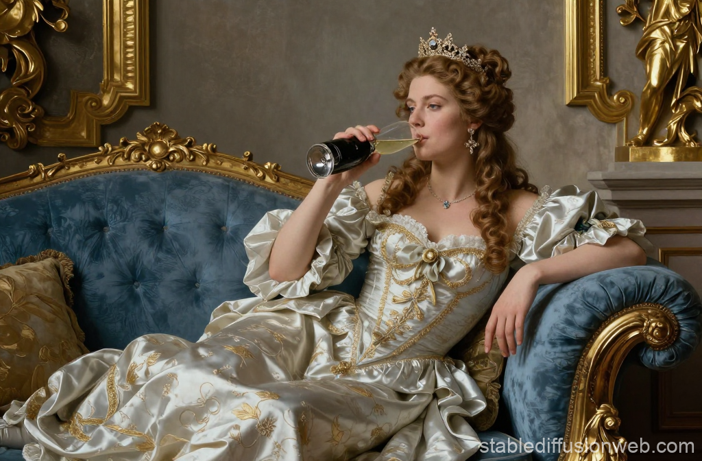 Regal Woman in Ornate Gown Sipping Champagne