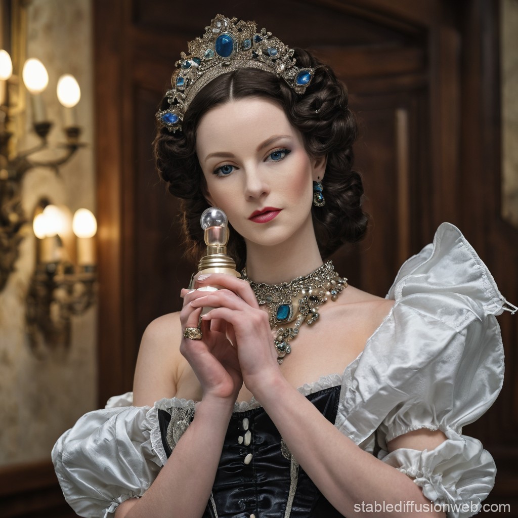 Regal Woman in Vintage Attire Holding Perfume Bottle