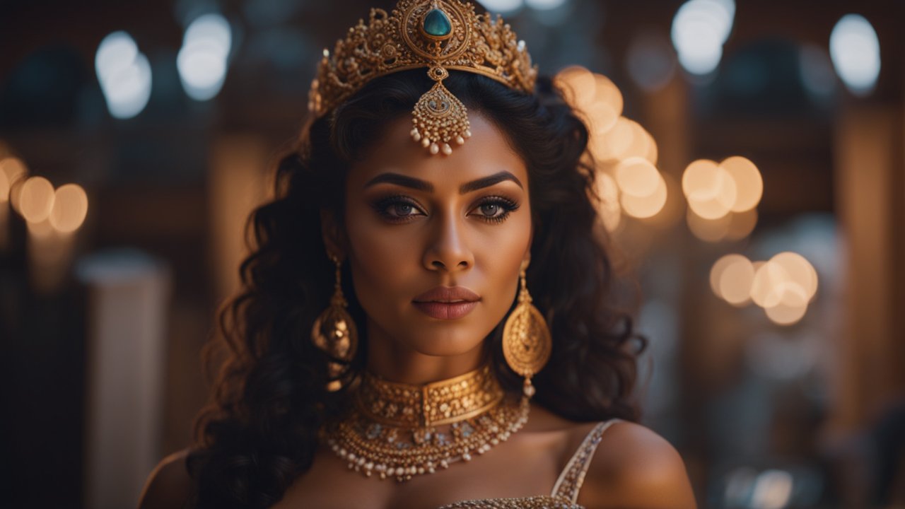 Regal Woman Wearing Ornate Gold Jewelry and Crown