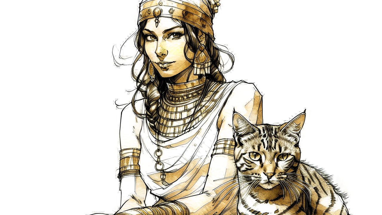 Regal Woman with Cat in Detailed Line Art