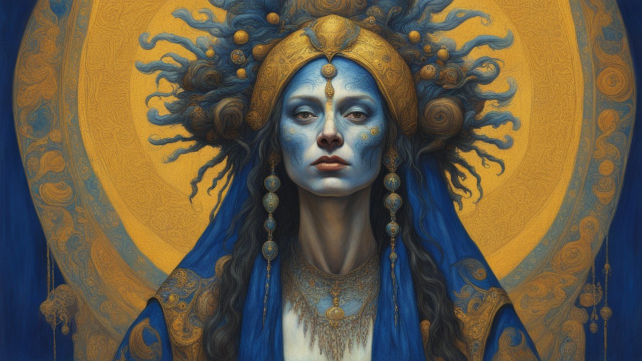Regal Woman with Ornate Blue and Gold Headdress