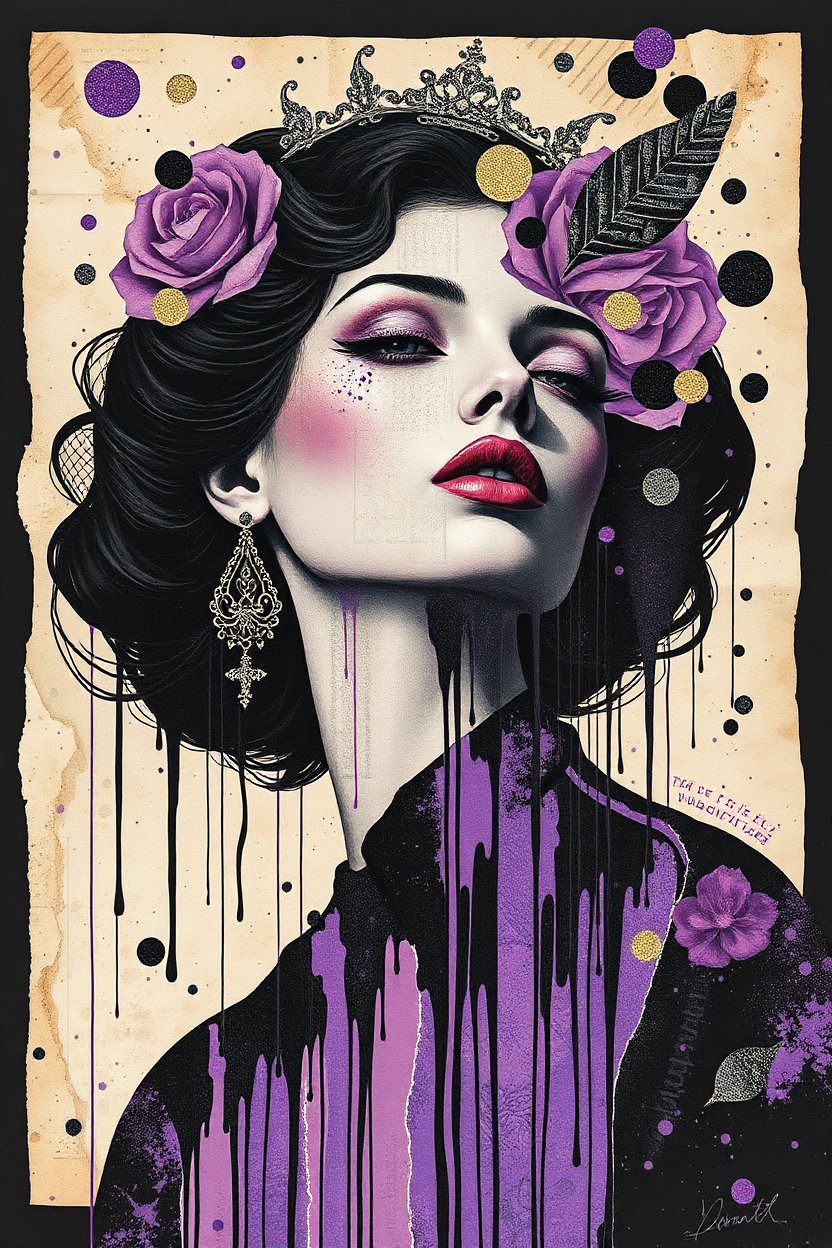 Regal Woman with Purple Roses and Dripping Paint