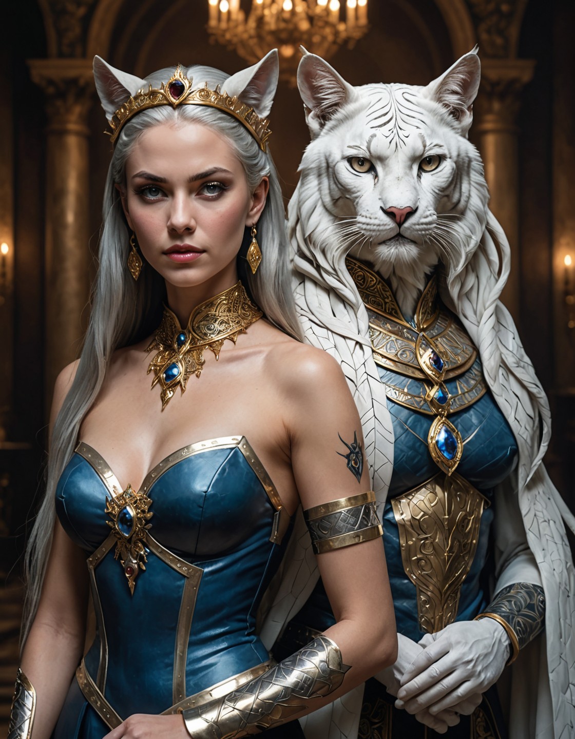 Regal Woman with White Tiger Guardian in Ornate Armor