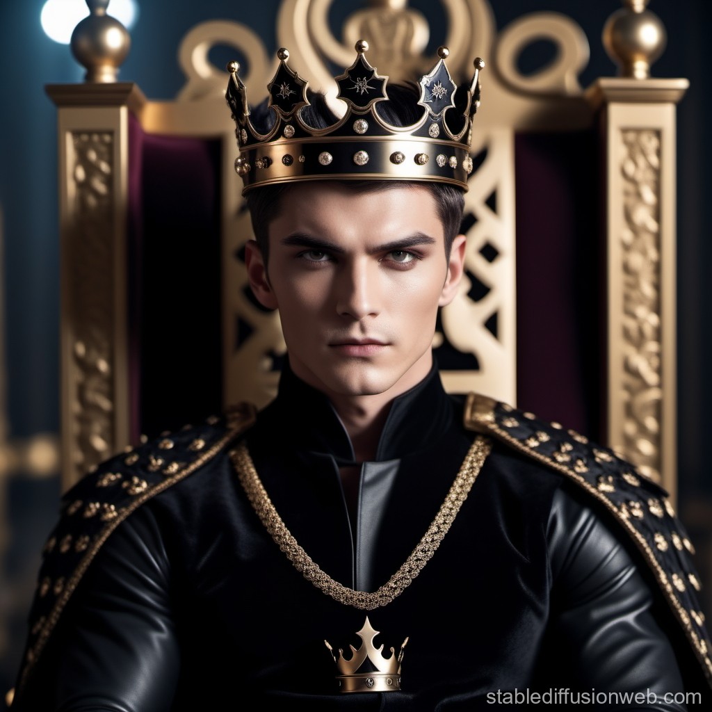 Regal Young King in Ornate Crown and Throne