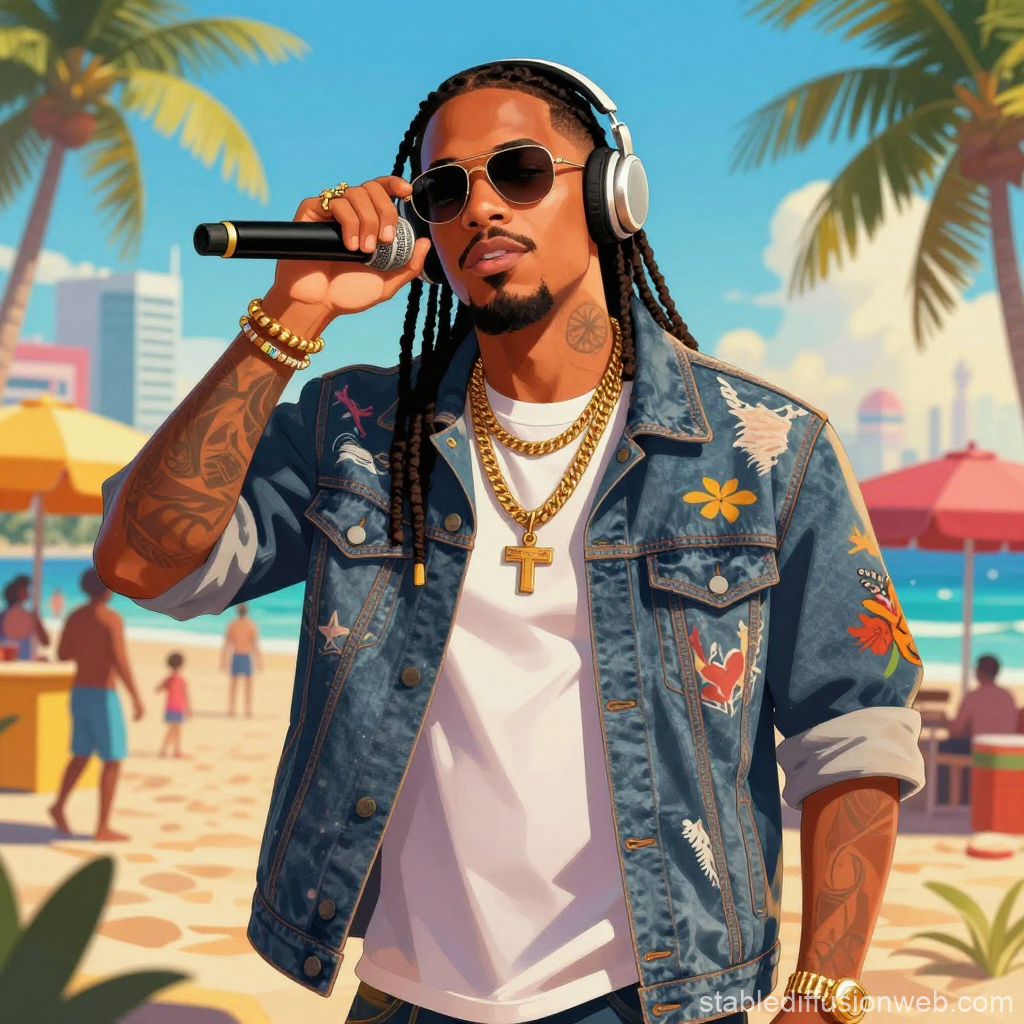 Reggaeton Artist Performing on a Sunny Beach