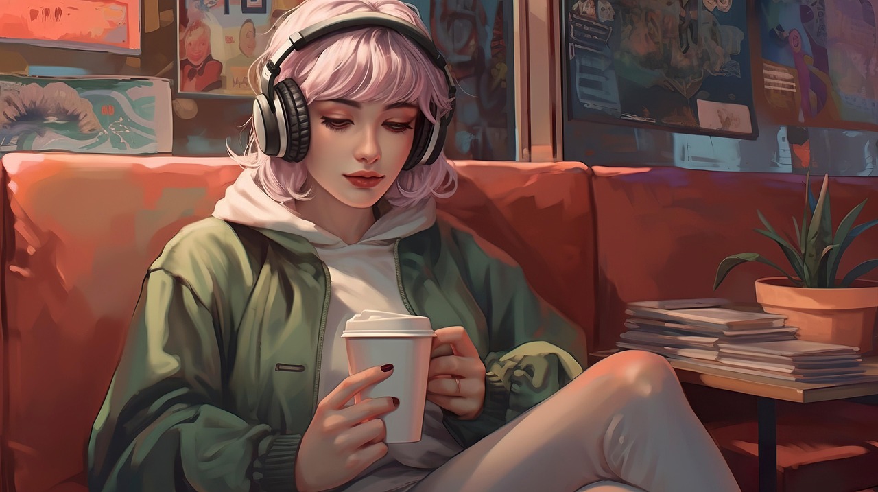 Relaxed Woman Enjoying Coffee with Headphones in Cozy Cafe