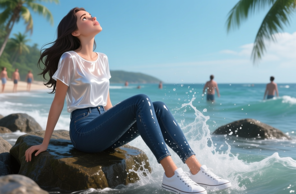 Relaxed Woman Sitting on Rock by the Ocean