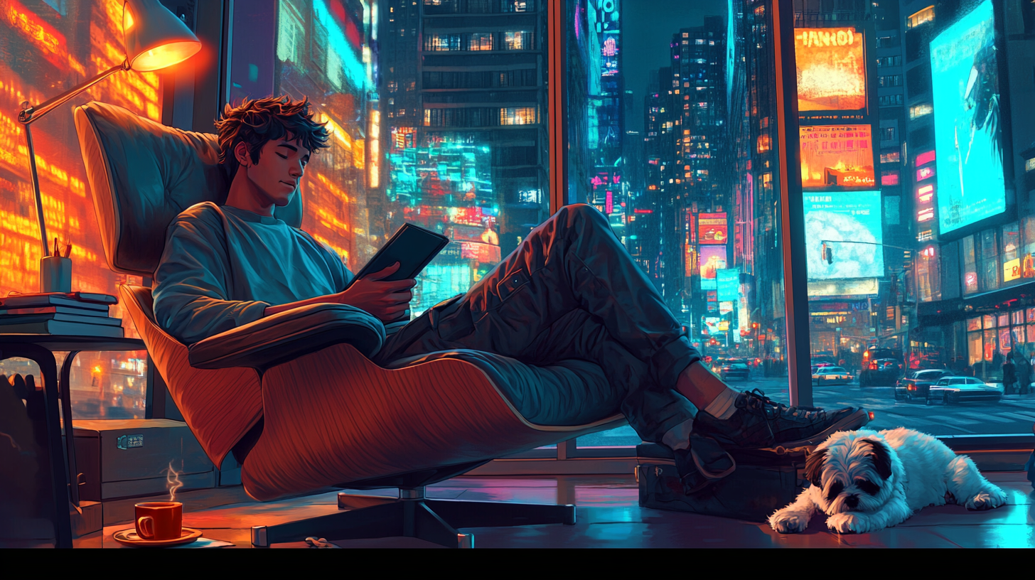 Relaxed Young Man Reading in Futuristic City Apartment