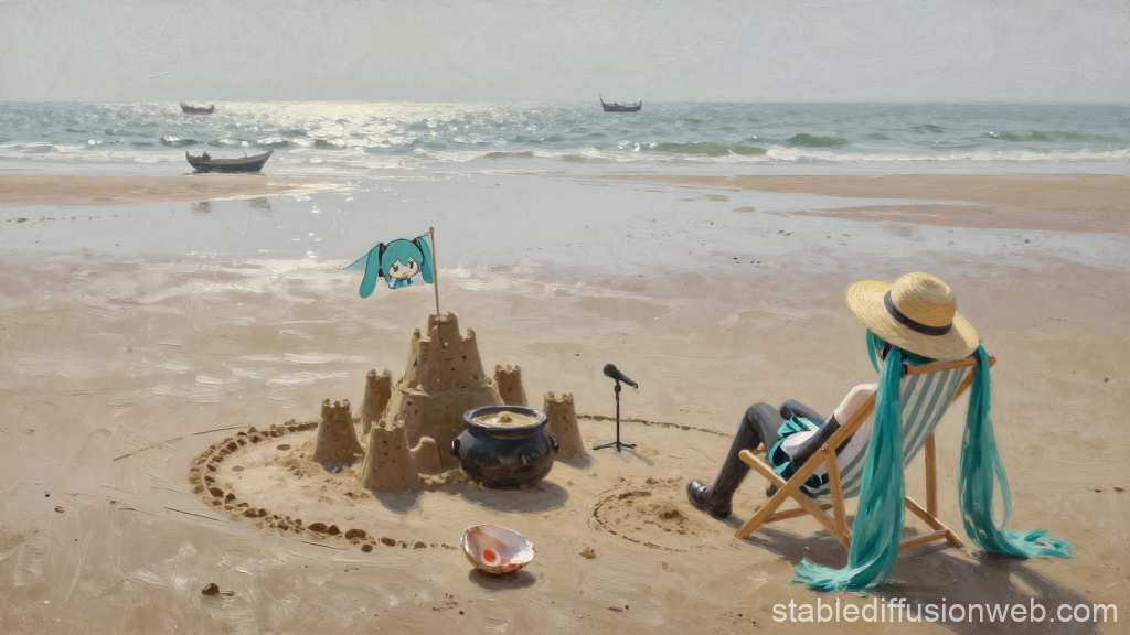Relaxing Beach Scene with Sandcastle and Anime Character