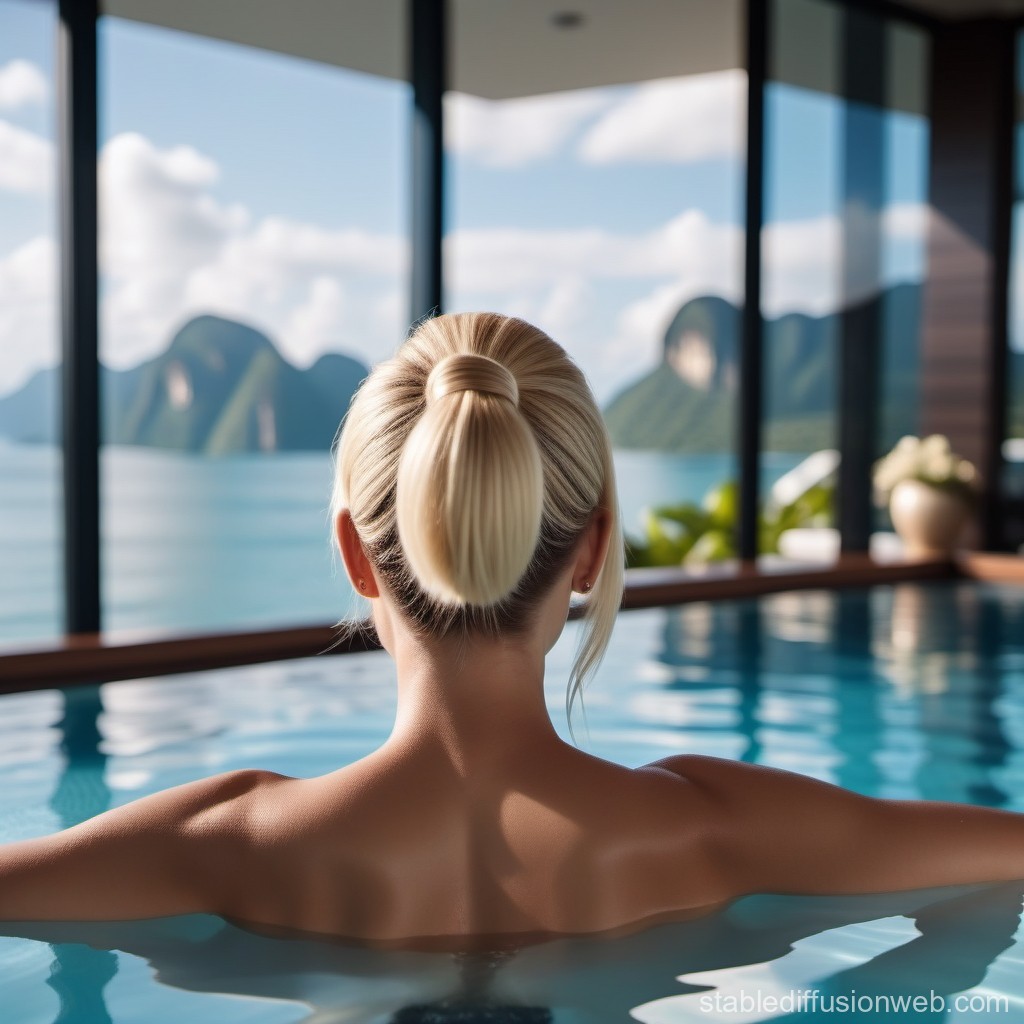 Relaxing Woman in Infinity Pool with Scenic Mountain View