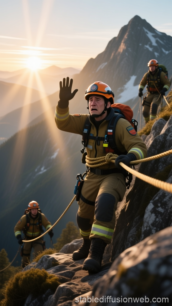Rescue Team Climbing Mountain at Sunrise