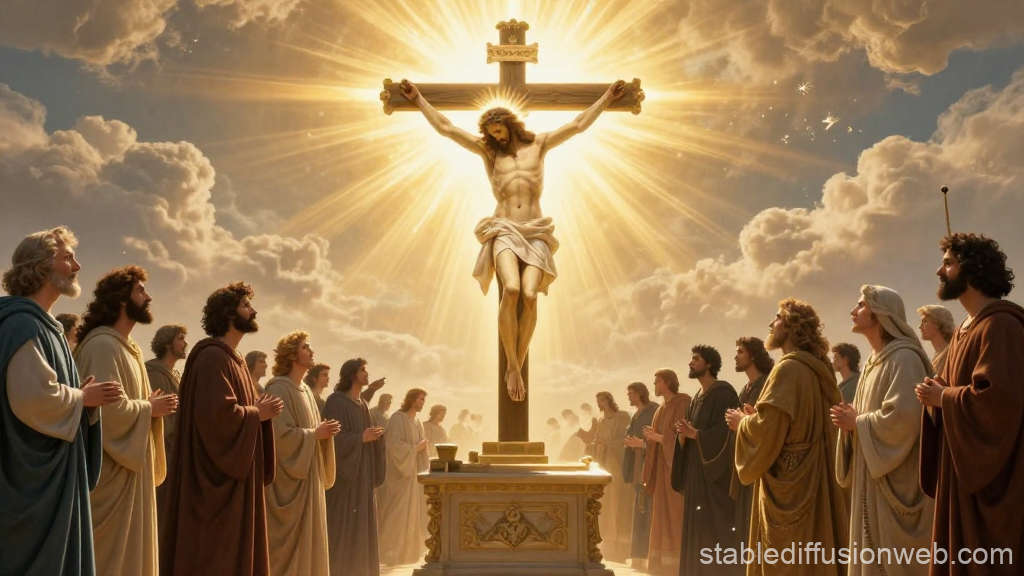 Resurrected Christ on the Cross with Disciples