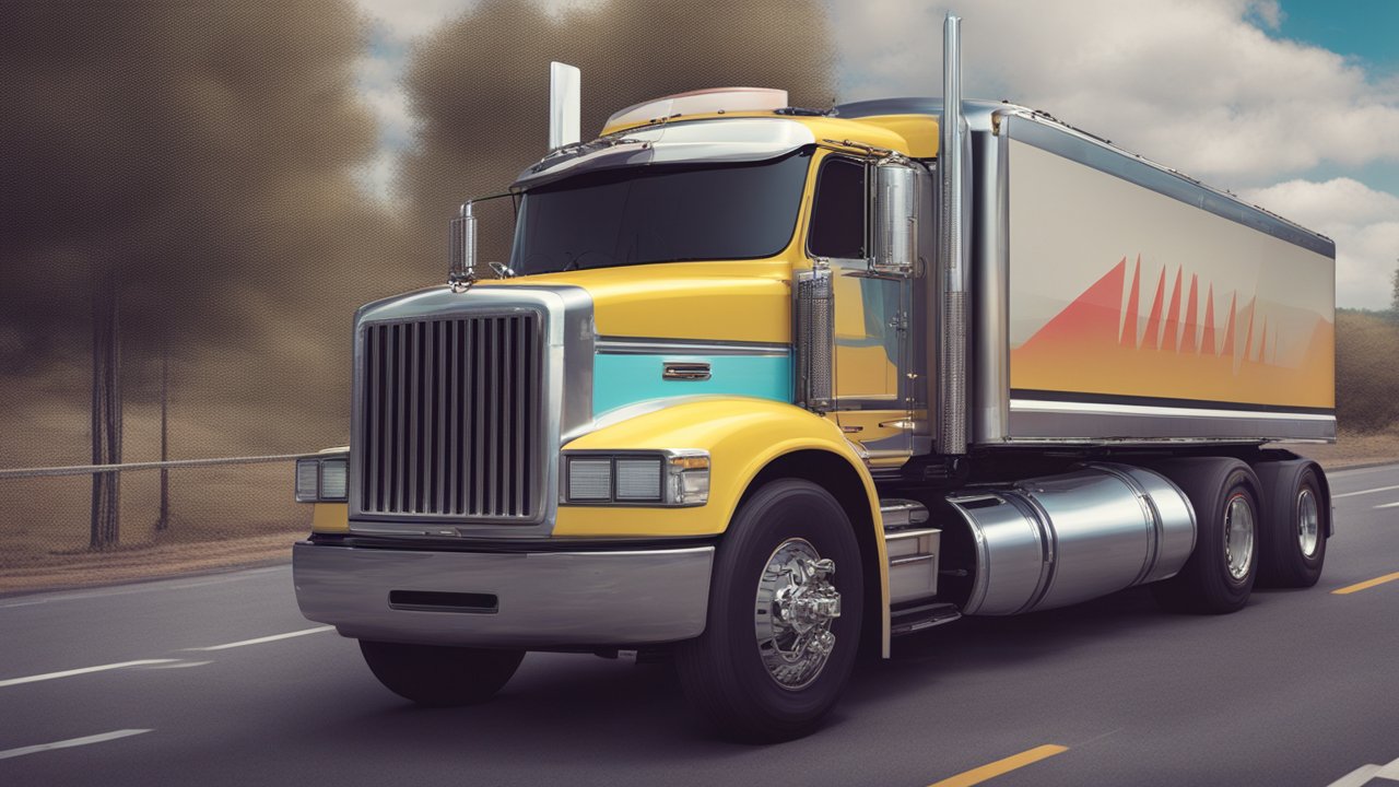 Retro 80s Style Yellow Semi Truck on Highway