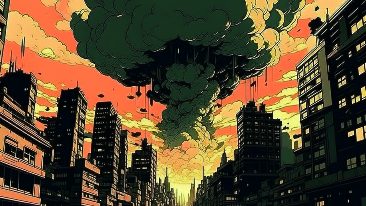 Retro Anime Cityscape with Explosive Mushroom Cloud