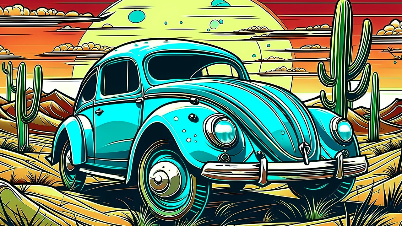 Retro Blue Beetle in Desert Sunset