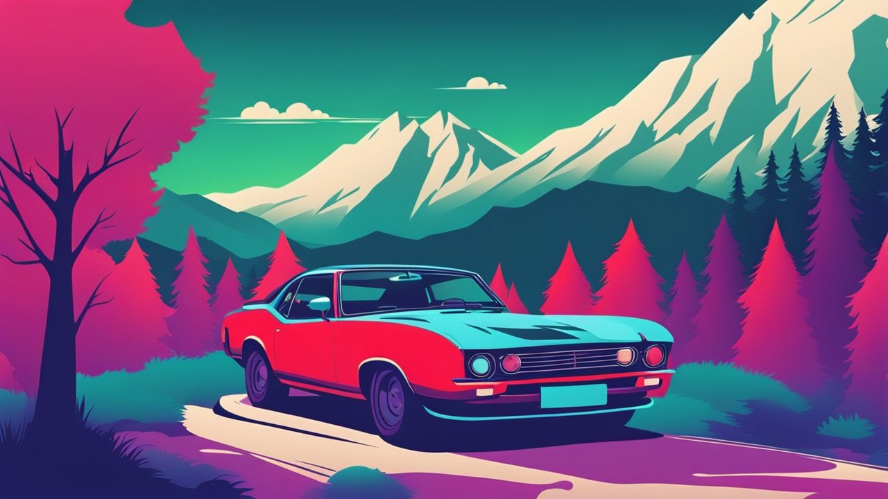 Retro Car Driving Through Vibrant Mountain Landscape
