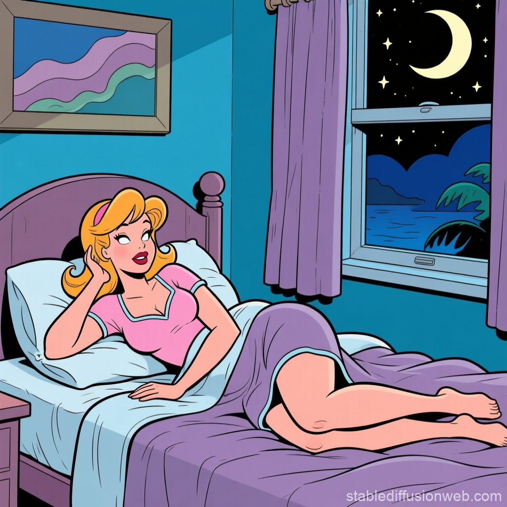 Retro Cartoon Woman Relaxing on Bed at Night