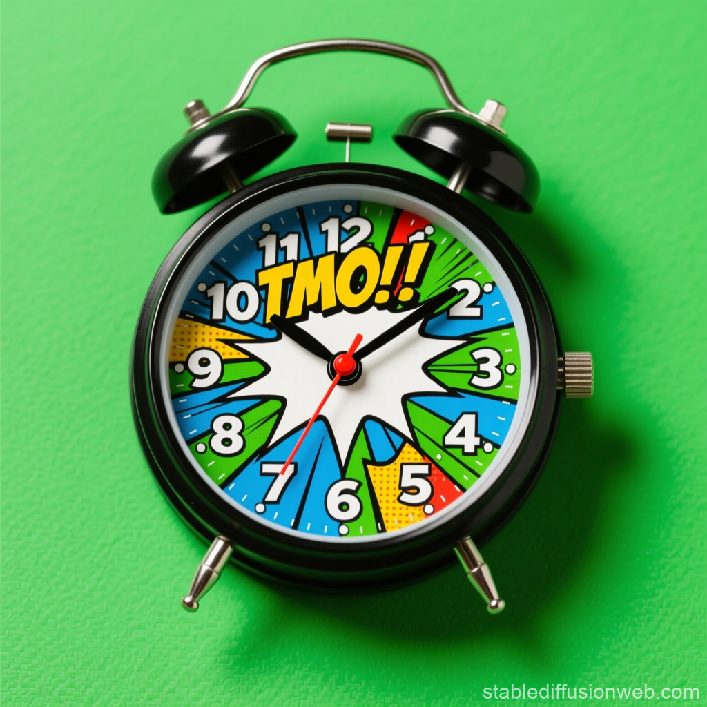 Retro Comic Style Alarm Clock on Green Background