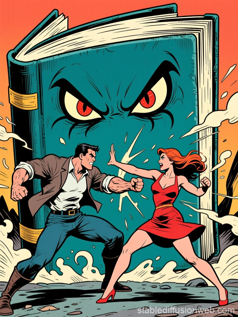 Retro Comic Style Battle Before a Giant Evil Book