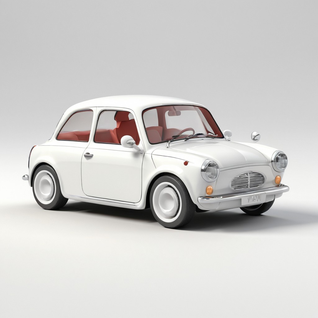 Retro Compact White Car with Red Interior