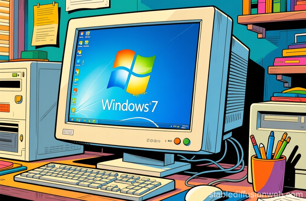 Retro Computer Setup with Windows 7 in Cartoon Style