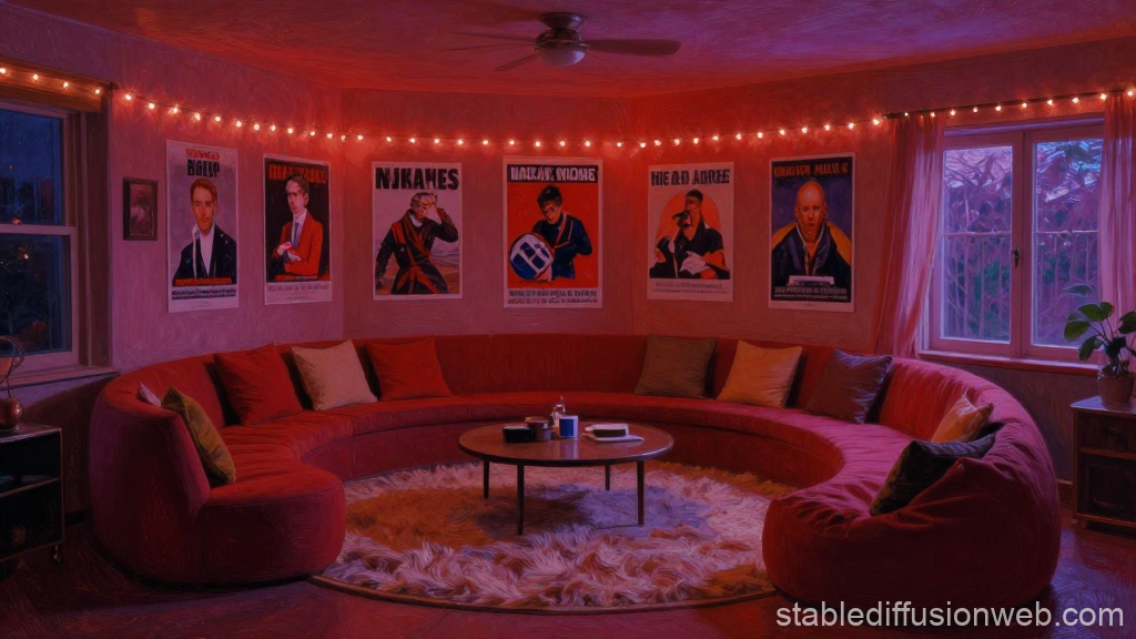 Retro Cozy Conversation Pit with Warm Lighting