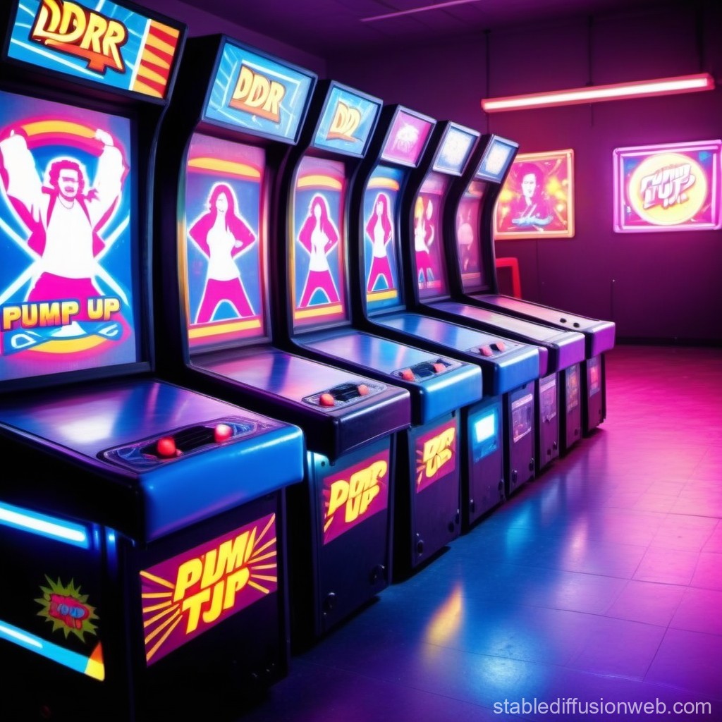 Retro Dance Dance Revolution Arcade Machines in Neon Room