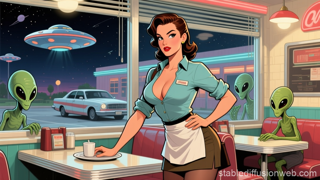 Retro Diner Scene with Pinup Waitress and Friendly Aliens