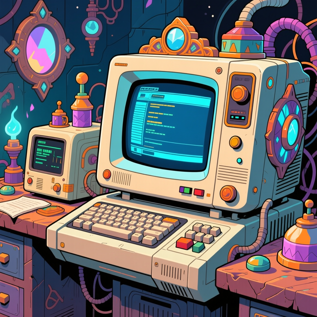 Retro Fantasy Computer Setup with Magical Elements