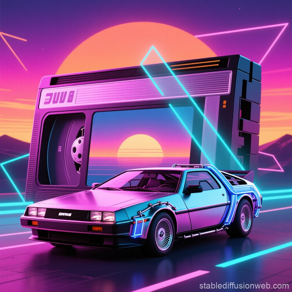 Retro Futuristic Car with VHS Sunset Landscape