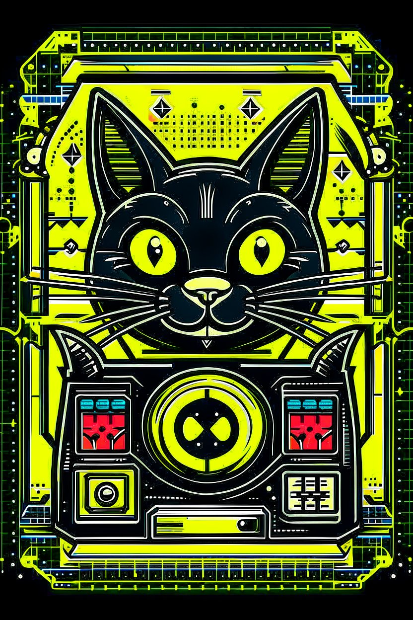 Retro Futuristic Cat Logo with Neon Circuit Design