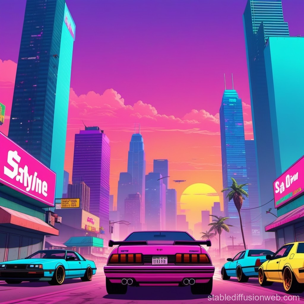 Retro Futuristic City Sunset with Neon Sports Cars