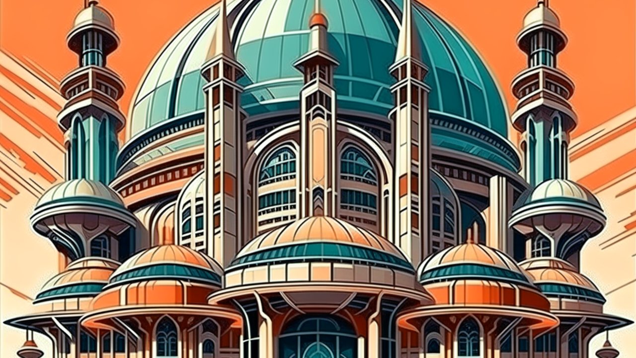 Retro-futuristic Dome Architecture with Vibrant Orange Sky