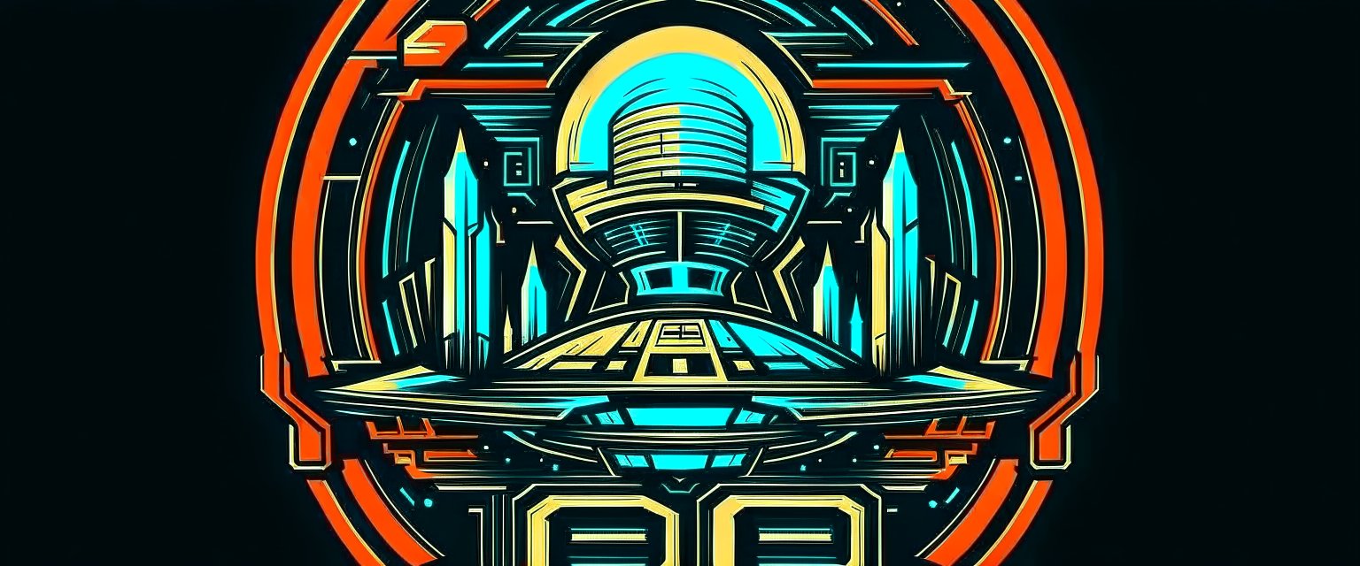 Retro Futuristic Logo with Neon Blue and Orange Accents