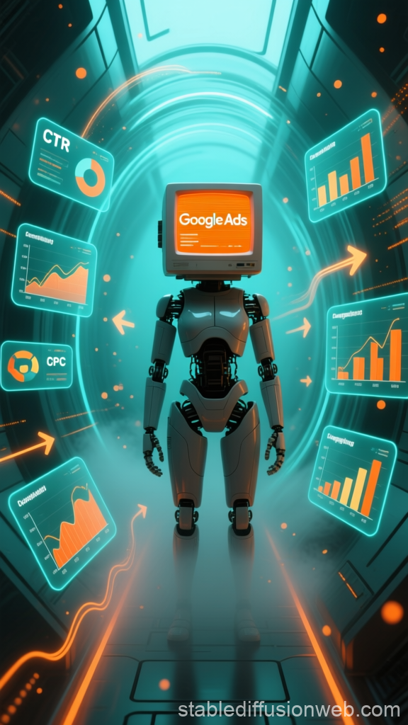 Retro Futuristic Robot Analyzing Google Ads Data