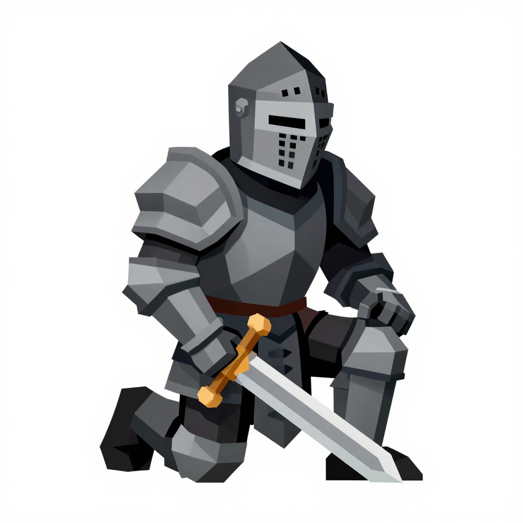 Retro Low Poly Knight in Armor Kneeling with Sword
