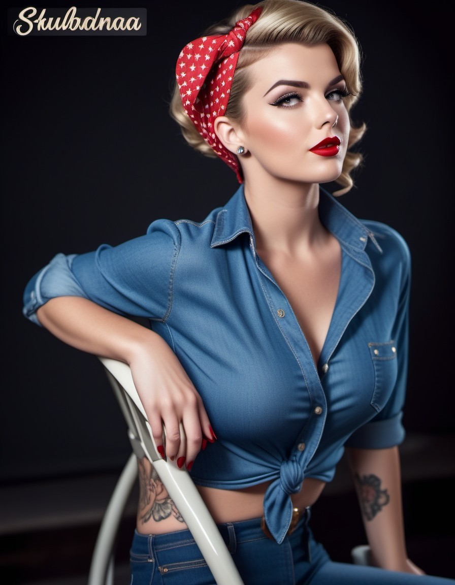 Retro Pin-Up Style Woman in Denim Shirt and Red Headscarf